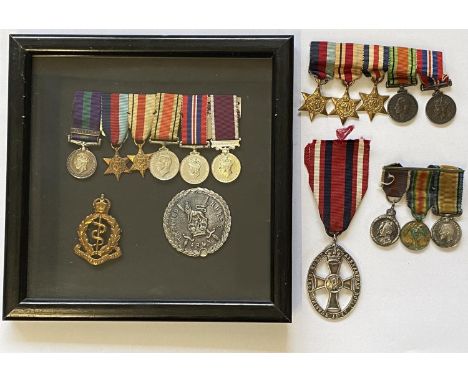 A FRAMED GROUP OF MINIATURES AND OTHERS. A framed group of six miniatures comprising General Service Medal with Palestine cla