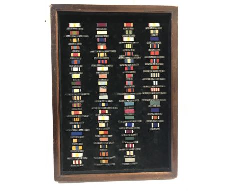 A FRAMED COLLECTION OF VICTORIAN MEDAL RIBBONS. A collection of 75 medal ribbons, including campaign medals to include Waterl