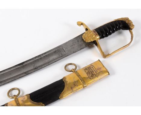 AN EARLY 19TH CENTURY STIRRUP-HILTED SABRE AND SCABBARD. With a 70cm broad curved blade with tripple fuller and etched decora