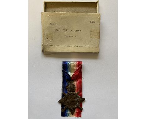 A FIRST WORLD WAR 14/15 STAR TO THE HAMPSHIRE REGIMENT. A 1914-15 Star named to Cpl H.H.H. Haines  Hamps R. Also recorded wit