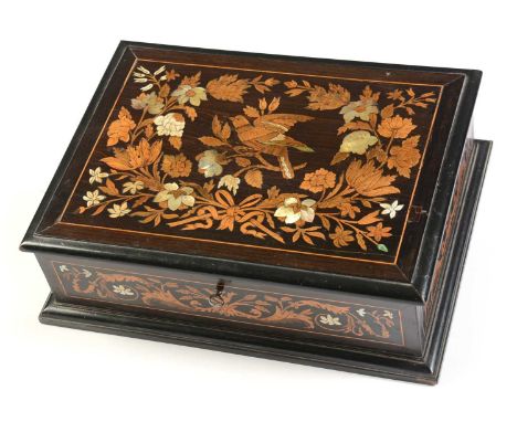 A 19th Century mother of pearl, ivory and marquetry-inlaid jewellery box, ebonized and of rectangular section, the hinged ove