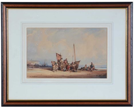 Auguste Delacroix (French, 1809-1868)Seascape with figures gathered around a sailboat, signed, watercolour,20 x 32 cm, framed