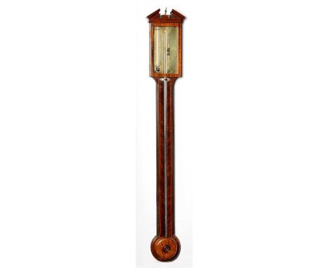 A late George III mahogany stick barometer by Baptista Ronchetti &amp; Co, Manchester, with broken swan neck pediment above a