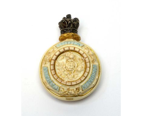 A Royal Worcester commemorative Golden Jubilee Scent Bottle, in ivory coloured porcelain, picked out in blue and gilding with