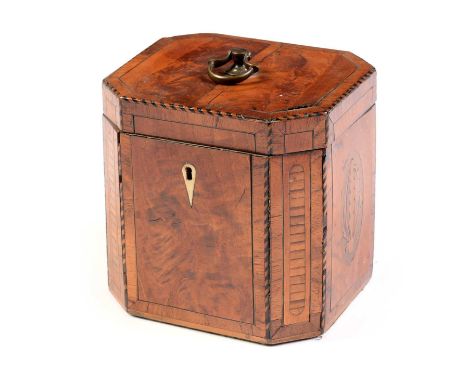 A George III marquetry-inlaid flame mahogany octagonal tea caddy, having feather-banded, cross-banded and string inlaid decor