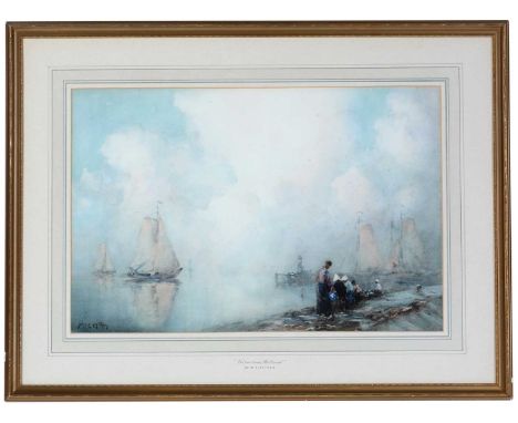 John E*Aitken RWS (1881-1957) “Volendam, Holland” Misty seascape from the perspective of a fishing dock, with figures gathere