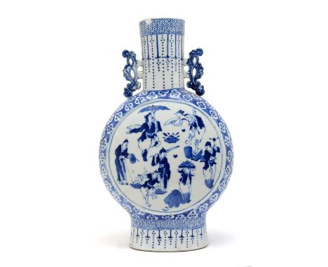 A late 19th/early 20th Century Chinese moon flask, decorated in underglaze-blue with street vendors, musicians and dignitarie