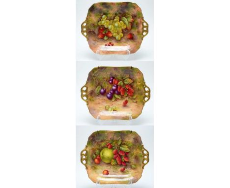 Three Royal Worcester fruit painted dessert plates by Edward Townsend, each of shaped square form with double gilt handles, p