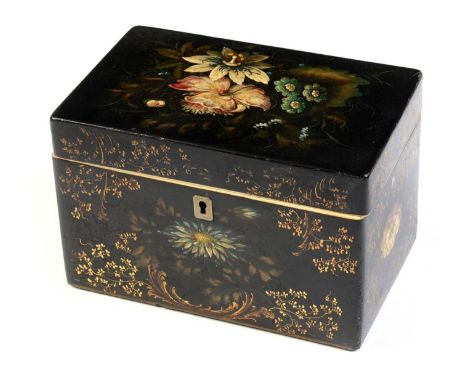 A 19th Century black Japanned and ivory mounted tea caddy, of rectangular section, hand-enamelled to each face with floral bl