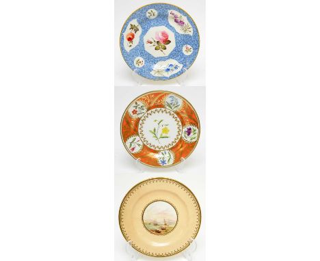 A Chamberlain's Worcester plate, circa 1800, painted with flower specimen panels on a coral and gilt ground, script mark in p