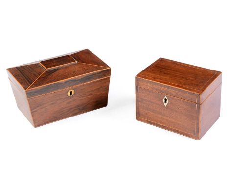 Two 19th Century tea caddies, one of rectangular section, with string inlay and an ivory escutcheon, opening to reveal a fitt