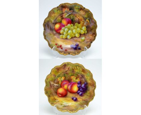 A near pair of Royal Worcester fruit painted dessert plates by Horace H Price, decorated with grapes and peaches within shape