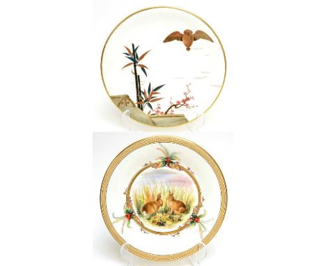 A Royal Worcester bone china dessert plate, 1870's painted with 'young hares', with two leverettes within a berry and beaded 