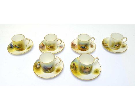 A set of six Royal Worcester coffee cans and saucers, 1955, each hand-painted by Peter (Sam) Platt, (one saucer by Raymond Po