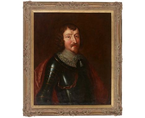 British SchoolA half-length portrait of a nobleman of the 17th Century wearing armour, a lace-trimmed collar and a crimson cl