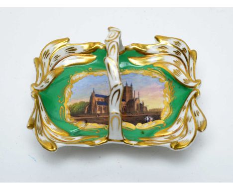 A small Chamberlain's Worcester basket, circa 1830, printed and painted with a view of Worcester Cathedral within a green and