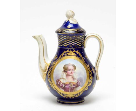 An earthenware small coffee pot and cover in Sevres style, painted with a portrait of a young Queen Elizabeth I, on a blue an
