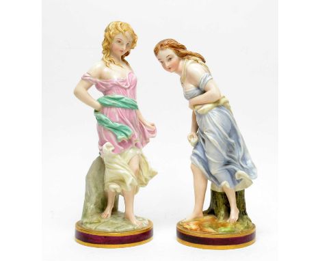 An unusual pair of Royal Worcester glazed Parian figures, circa 1880, 'Before the wind' and 'Against the wind', after Kerr an