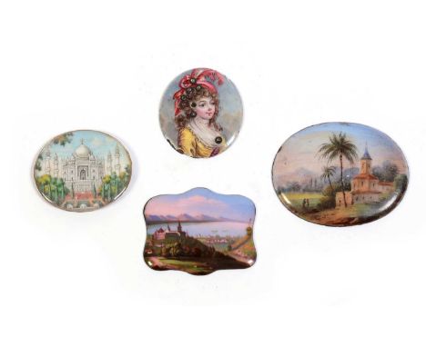 Four 19th Century painted enamelled plaques, various, depicting the Taj Mahal; a North African desert scene with fortified ho