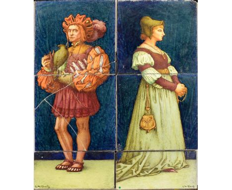 George Wooliscroft Rhead (1855-1920). A pair of Minton Art Pottery Studio Tile Panels, circa 1871-75, each in three sections,