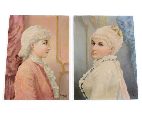 Louis Gustave Siever (born 1854): a pair of 19th Century porcelain plaques painted with a male figure in pinks and a female f