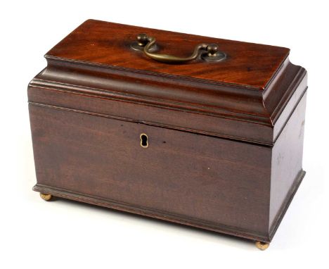 A 19th Century mahogany tea caddy, with brass bale handle, raised over four brass bun feet, opening to reveal three compartme