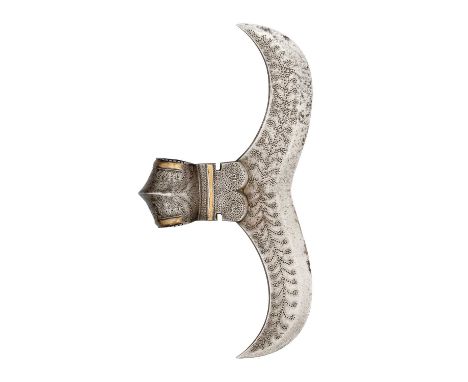 AN INDIAN AXE (BULOVA), 19TH CENTURY, POSSIBLY KHOND 
with moustache-shaped head decorated with a punched design of conventio