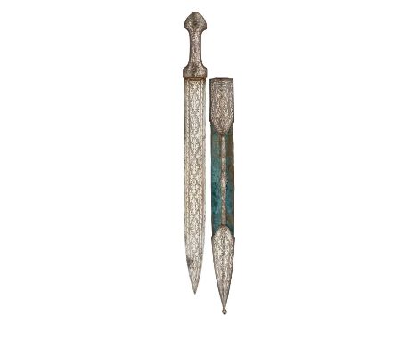 A CAUCASIAN DAGGER (KINDJAL), 19TH CENTURY with broad double-edged blade and iron hilt of characteristic form, decorated thro