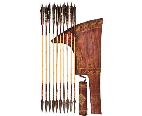A RARE NORTH AFRICAN BOW CASE, QUIVER AND TEN ARROWS, 19TH CENTURY the first of tooled leather, with shaped panel embossed wi