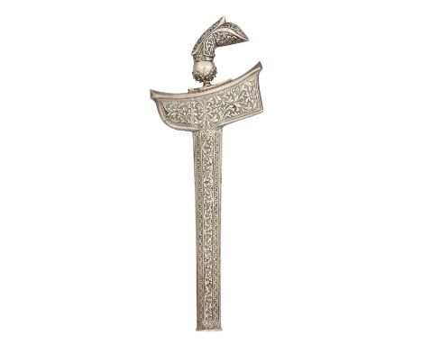 A MALAYSIAN SILVER-MOUNTED DAGGER (KRIS), 20TH CENTURY with double-edged wavey silver blade widening and struck with a series