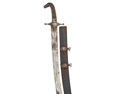 AN INDO-PERSIAN SWORD (SHAMSHIR), 19TH CENTURY with curved fullered blade etched with a figure inn traditional dress on each 