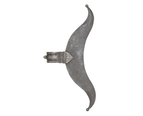 A SOUTH INDIAN AXE (BULLOVA), 17TH/18TH CENTURY, PROBABLY MYSORE, KARNATAKA 
recurved iron head formed with reinforced termin