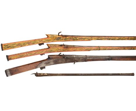 AN 8 BORE INDIAN MATCHLOCK GUN, 18TH/EARLY 19TH CENTURY; A DETACHED RIFLE BARREL, PROBABLY OTTOMAN; TWO DECORATED INDIAN MATC
