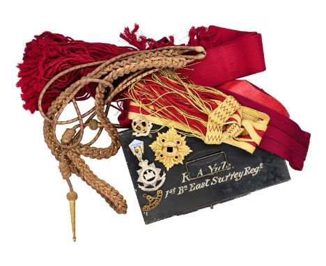 A QUANTITY OF MILITARY OFFICER'S ACCOUTREMENTS comprising an aiguillette of gold and crimson cord; a General Officer's gold-l