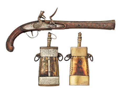 A FLINTLOCK TRADE PISTOL AND TWO NORTH AFRICAN FLASKS, 19TH/20TH CENTURY the first with strongly swamped barrel with traces o