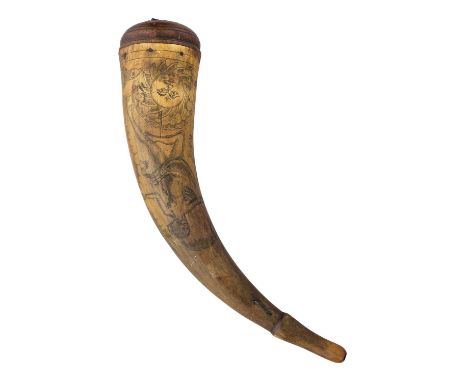 AN ENGRAVED HORN FLASK, DATED 187- decorated with a sun-in-splendour beneath a naked huntress on one face, with the inscripti