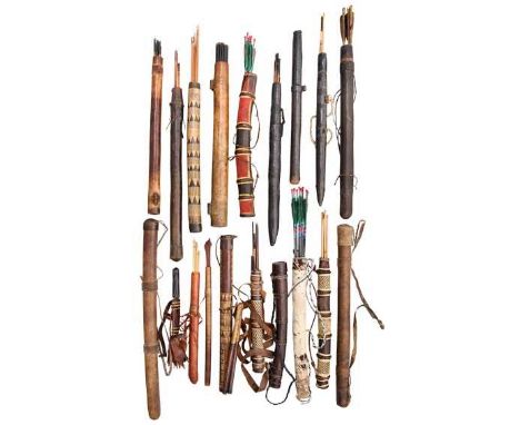 A LARGE QUANTITY OF AFRICAN AND OTHER ARROWS IN QUIVERS, AND ONE KNIFE, 19TH/20TH CENTURY comprised of eighteen tubular quive