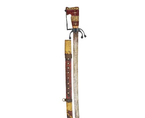 AN ARAB SWORD (NIMCHA), 19TH CENTURY with slightly curved fullered blade double-edged towards the point, black-painted iron h