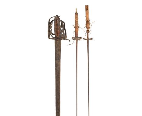 A SCOTTISH BASKET-HILT BROADSWORD, CIRCA 1760 AND TWO EPEES, LATE 19TH/EARLY 20TH CENTURY the first with broad double-edged f