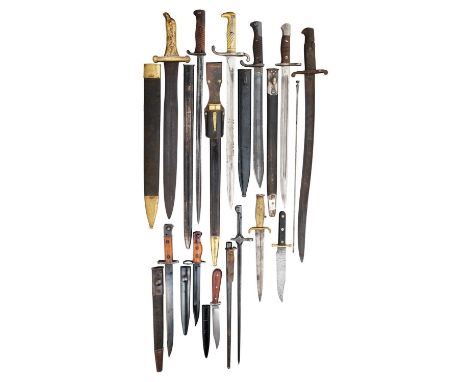 A BRITISH 1856 PATTERN ENFIELD BAYONET, A COPY OF A GERMAN MODEL 1871 MAUSER BAYONET, SIX FURTHER BAYONETS, TWO FIGHTING KNIV