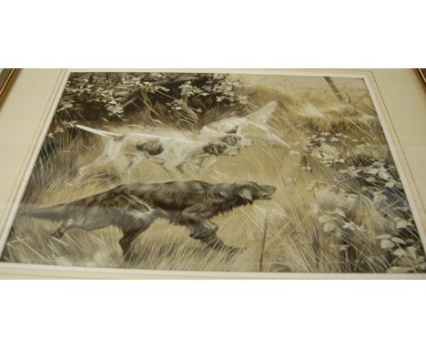 A modern framed and glazed silkwork of hunting hounds; and one other in a Japan lacquered frame (2)  