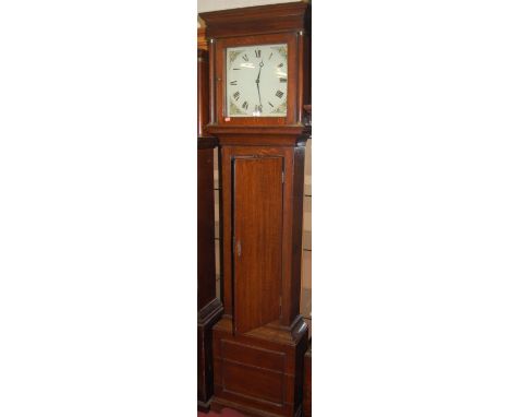 A circa 1800 provincial oak longcase clock having an unsigned painted square dial, thirty hour movement with single weight an