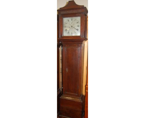 Nathaniel Hedge of Colchester 18th century oak longcase clock, having signed silver 12" dial, with Arabic and Roman numerals,