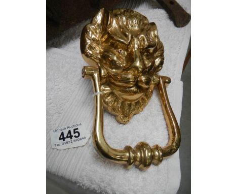 A brass lion door knocker.