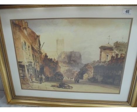 A gilt framed and glazed print of Lincoln from bottom of steep hill, 72 x 55 cm, COLLECT ONLY.&nbsp;