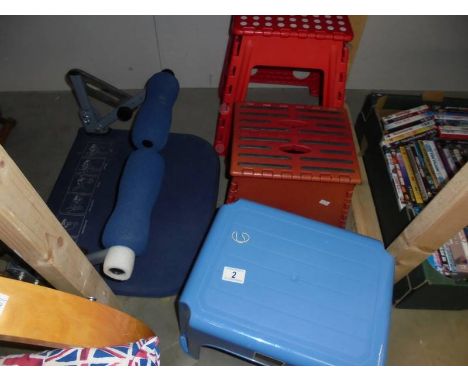 Three caravan stools and an exercise item. COLLECT ONLY.