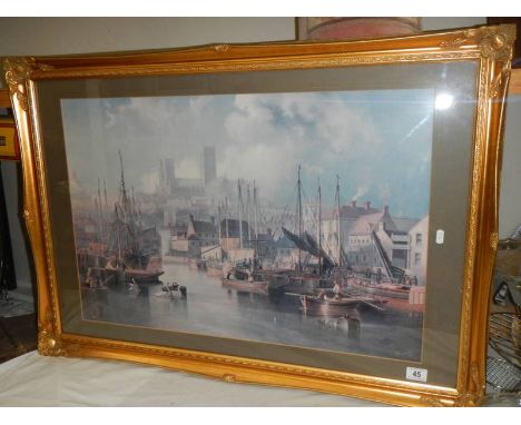 A gilt framed and glazed print of Lincoln from the Brayford signed J W Carmichael 1858, 100 x 70 cm, COLLECT ONLY.