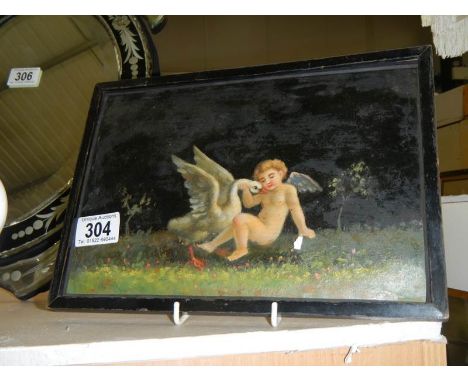 A framed and glazed print featuring a cherub with a goose, COLLECT ONLY.