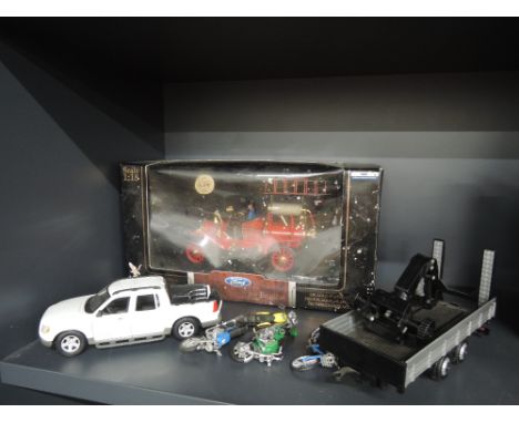 A Signature 1:18 scale die-cast model T Fire Engine, boxed, and Miasto Ford pick-up and trailer etc