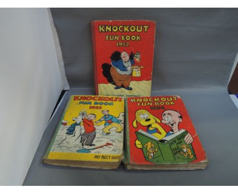 A shelf of mid 20th century and later children's comics and annuals including 1952, 1953 and 1954 Knockout Fun books, Terrifi